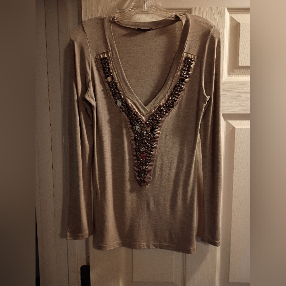 VENUS Beige Embellished V-Neck Long Sleeve Top